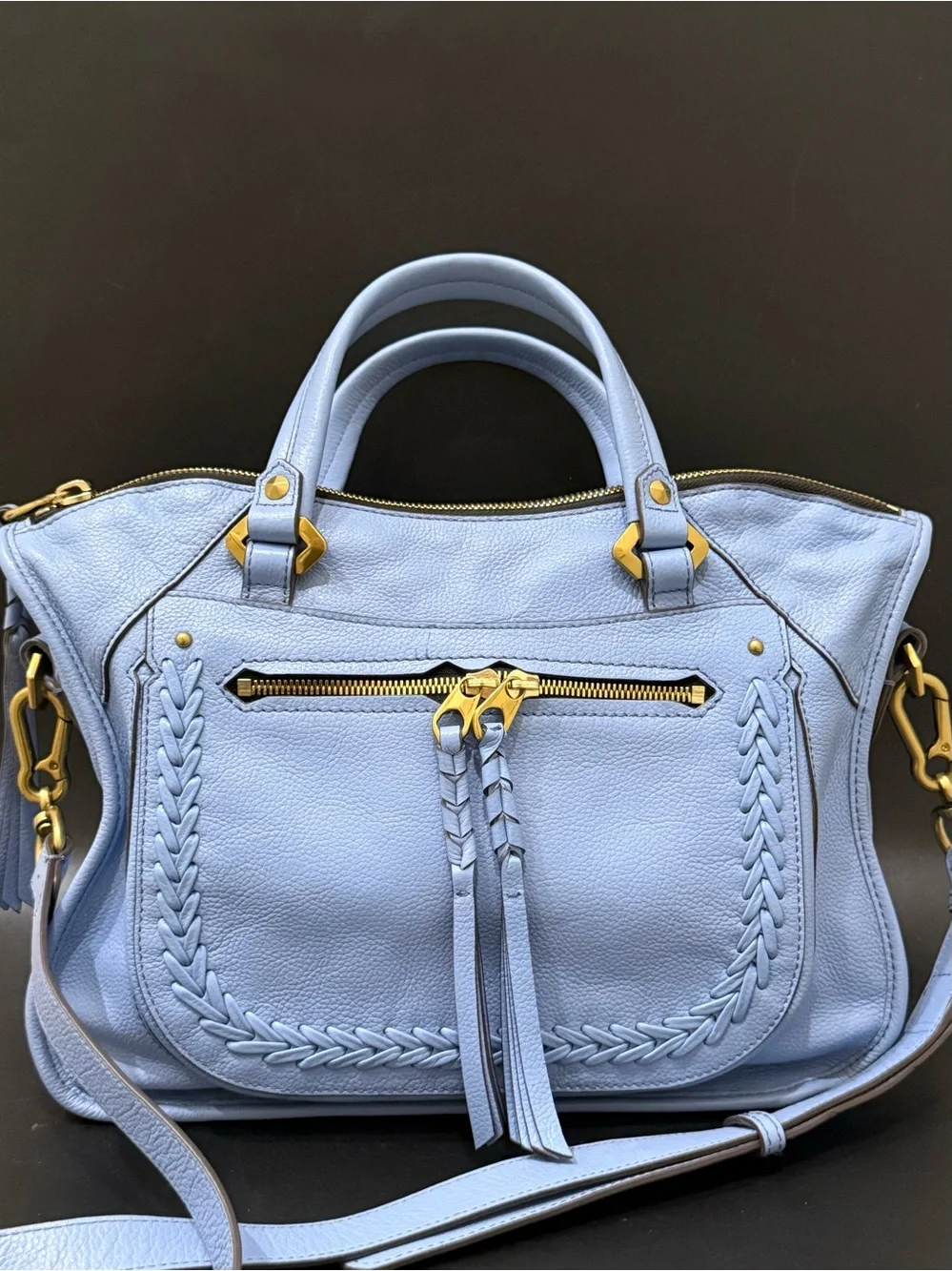 OrYANY Sarah Periwinkle Sky Blue Pebbled Leather Braided Satchel Crossbody Bag